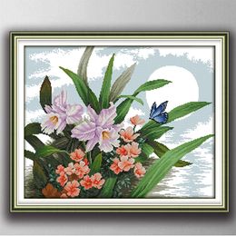 Moonlight orchid scenery home decor painting , Handmade Cross Stitch Embroidery Needlework sets counted print on canvas DMC 14CT /11CT