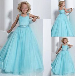 2017 Sky Blue Girls Pageant Dresses Size 2-14 Toddler Pageant Dress With Crystals Belt Kids Ball Gowns Plus Size Wedding Flower Girls Gowns