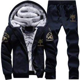 Wholesale-New 2016 2PCS Winter Thick Velvet Soft Warm Print Sweatshirt Men Set Casual Hoodies Tracksuit Mens Sweat Suits 3XL 4XL