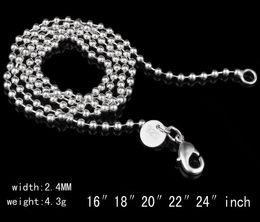 2017 hot sells Man woman 20pcs/lot 925 sterling Silver 2.4MM bead Chain Necklace 16"/18"/20"/22"/24" for Pendants