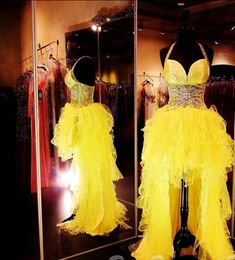 Hi Low Prom Dresses Yellow,Red,Royal Blue Halter Evening Gowns Backless Party Dresses Illusion Sheer Sequins Beads Quinceanera Dresses