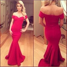 Elegant Red Mermaid Evening Dresses Evening Wear Sexy Off The Shoulder Silk Satin Prom Dresses Long Vestidos Festa 2016 Girls Party Dresses