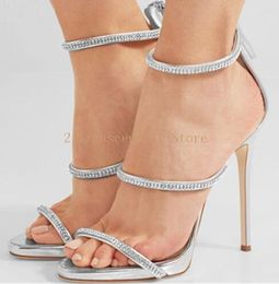 Bling Crystal Ankle Wrap Party Sandals Women High Heels Zipper Women Shoes Summer Elegant Silver Dress Pumps