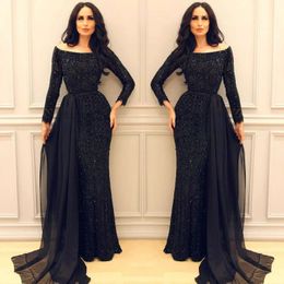 Sparkly Black Sequins Prom Dress Sexy Off Shoulder Long Sleeve Mermaid Celebrity Party Dress Charming Middle East Arabic Arab Evening Gowns