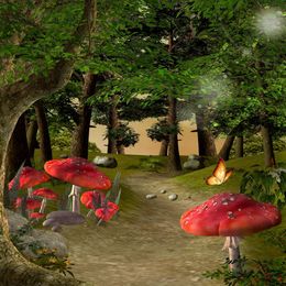 Forest Trees Photography Backdrop Vinyl Big Red Mushrooms Butterfly Kids Children Birthday Photo Backgrounds Newborn Baby Fotoshooting Props