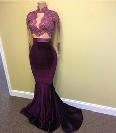 2017 Purple Velvet Two Pieces Prom Dresses High Neck Mermaid Lace Appliques Beaded Sheer Long Sleeves Sweep Train Evening Party Gowns Arabic