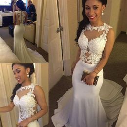 White Lace Appliques Mermaid Wedding Dresses 2017 Sheer Neck Sleeveless Cheap Bridal Gowns See Through Back Sweep Train Simple Wedding Dress