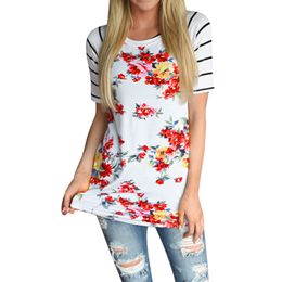 Wholesale- Feitong 2017 New Summer Women Casual T Shirts Short Sleeve Tops Flower Printed Striped Tee Shirt vetement femme poleras de mujer