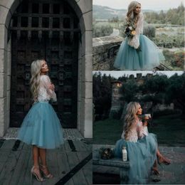 Romantic Two Pieces Lace Prom Dresses Graduation Party Gowns Long Sleeve See Through Illusion Evening Dresses Knee Length Tulle Skirt tutu