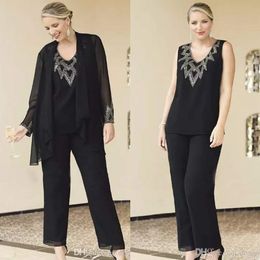 Black Three Pieces Mother Of The Bride Pant Suits V Neck Long Sleeves Jacket Wedding Guest Dress Chiffon Plus Size Beaded Evening Dresses