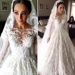 Vintage Dubai Long Sleeve Lace Wedding Dresses Illusion Bodice Saudi Arabian Wedding Gown Applique Sheer Neck Bridal Dresses Customise