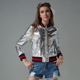 Wholesale- 2016 Milan Fashion Show New Cool Jacket Punk Ladies Gold Silver Baseball Uniform Bomber Jacket Women Faux Leather Runway Jackets