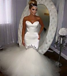Sweetheart Satin Mermaid Wedding Dresses Sparkly Crystals Puffy Tulle Zipper Court Train Bridal Gowns Custom Made Vestidos De Novia