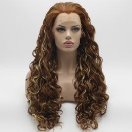 Iwona Hair Curly Long Three Tone Auburn Blonde Mix Wig 18#30Y/27HY/613 Half Hand Tied Heat Resistant Synthetic Lace Front Daily Natural Wigs