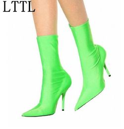 Stivaletti da donna elasticizzati verde fluorescente con punta a punta Stivaletti elastici con tacco a spillo sexy Scarpe con tacco alto da donna