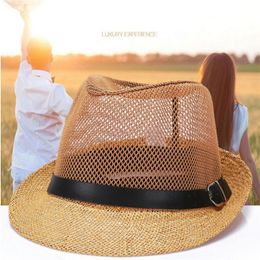 2017 latest Korean linen cowboy sun hats summer men's fashion mesh hole ventilated anti-uv sun cap with belt buckle decoration