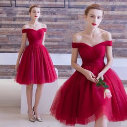 Off Shoulder Soft Tulle Bridesmaid Dress Short Burgundy 2019 Knee Length Beach Bridesmaid Dresses Lace Up