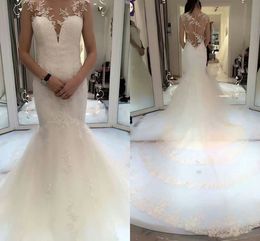Sexy Mermaid Wedding Dresses Spring Berta Sheer Neck Lace Applique Tulle Backless Chapel Train Wedding Bridal Gowns Real Image Vestidos