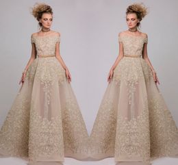 Gorgeous Champagne Off Shoulder Evening Gowns Lace Appliques beads See Through Prom Dresses A Line Arabic Vestidos Formal Wear