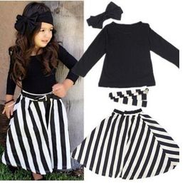 Baby Clothing Sets Girls T Shirts Stripe Skirts Headband Suits Cotton Bow Boutique Outfits Baby Fashion Long Sleeve Tops Striped Dress J177