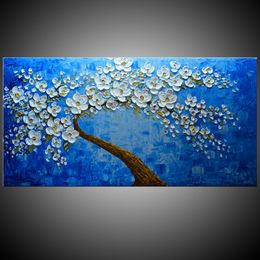 KGTECH Spachtel Blume Kunstwerk 3D Acryl Malerei Handgemachte Leinwand Kunst Wand Weiß Floral Große Größe 28Hx56inch (70x140 cm)