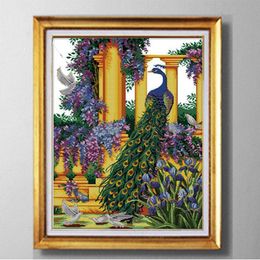 Purple flowers peacock ,Cross Stitch kits needlework Sets embroidering Pattern Printed on fabric DMC 11CT 14CT ,Flowers house Series Decor