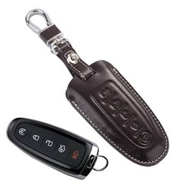 Leather Car Key FOB Cover For Ford Fusion Edge Explorer 2011 2012 Lincoln MKC 2013 MKS MKT Navigator Accessories Case Holder Chain203I