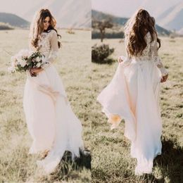 Country Wedding Bohemian Dresses with Sheer Long Sleeves Bateau Neck A Line Lace Applique Chiffon Boho Bridal Gowns Cheap pplique