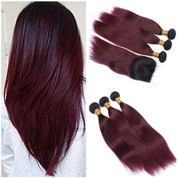 Malaysian Burgundy Ombre Human Hair Weave with Lace Closure 4x4 Straight 1B/99J Dark Root Wine Red Ombre Lace Closure with 3Bundles