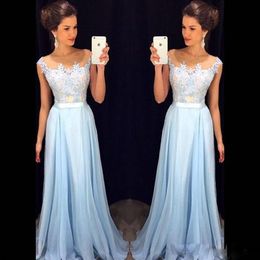 Chiffon Custom Made Light Sky Blue Prom Dresses 2017 Newest Sheer Neck Cap Sleeves Appliques Floor Length Long Evening Gowns With Sash