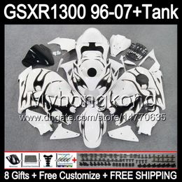 8gift black flames For SUZUKI Hayabusa GSXR1300 96 97 98 99 00 01 13MY34 GSXR 1300 GSX-R1300 GSX R1300 02 03 04 05 06 07 gloss white Fairing