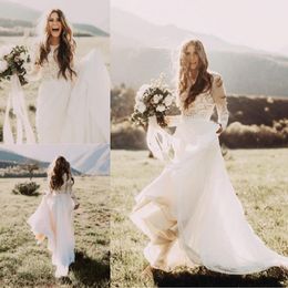 Cheap Bohemian Beach Lace Wedding Dresses With Sheer Long Sleeves Bateau Neck A Line Appliqued Chiffon Boho Country Bridal Gowns