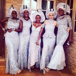Lange Brautjungfernkleider von Aso Ebi, 5 Stile, Spitzen-Abendkleider, Reißverschluss hinten, U-Ausschnitt, bodenlang, maßgeschneiderte südafrikanische Partykleider