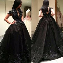 Black Lace Ball Gown Applique Prom Dresses Beaded Plus Size Evening Gowns Sexy Back Party Dress