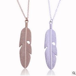 Free Shipping Christmas Gift Fashion Jewellery Punk Silver/Gold Plated Long Chain Feather Necklace Vintage Leaf Pendant Necklace for Women