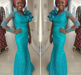 Ebi Evening Aso Turquoise One Long Sleeves Beaded Red Carpet Dresses with Big Shoulder Flowers Custom Made Party Gowns