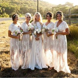 Bohemian See Through Lace Bridesmaid Dresses LongV Neck Short Sleeves Plus Size Wedding Guest Dresses Personalised Cheap Party Gowns