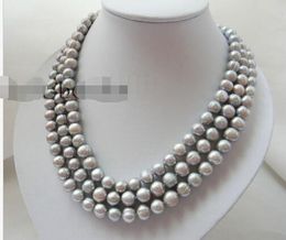 3Strands 18'' 9.5mm Grey Round Freshwater Pearl Necklace