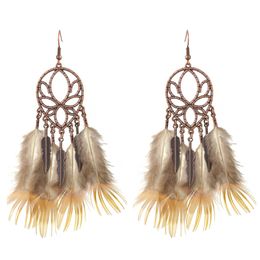 idealway Bohemian Brown Feather Long Drop Earrings for Women Wedding Party Fashion Jewellery