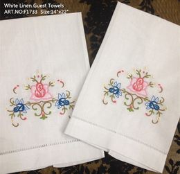 Home Textile White linen Ladies HandkeHand & Hand Towel 12PCS/lot 14x22"Beautiful Embroidered and Hemstitched Edges White Linen Guest Towels