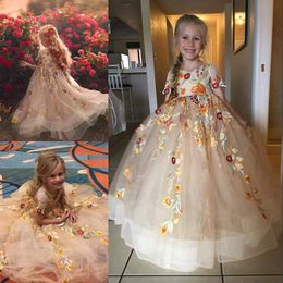 Colorful Golden-Applique Flower Girl Dress Jewel Neck Short Sleeves Sheer Back Flower Girls Dresses For Weddings Puffy OrganzaBirthday Dress