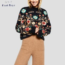 Wholesale- Women Short Sweater 2016 Winter Warm Flower Embroidery Luxury Pullovers O-neck European Style Casual Plus Size Female Tops