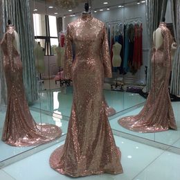 Real photos Long Sleeves Prom Dress Pretty Sheath High Neck Sequins Nude Backless Evening Party Gown Plus Size vestidos de festa