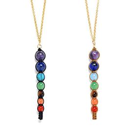 New Natural Stone 7 Chakra Conical Pendant Necklace For Men Women Yoga Jewellery Free Shipping