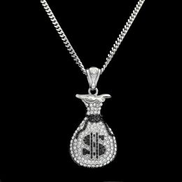 Hip Hop Gold Silver Cash Money Bag Pendant For Men Women Bling Crystal Dollar Charm Necklace With Cuban Chain Jewellery