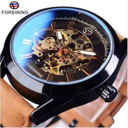 Forsining 2021 Mens Casual Sport Watch Genuine Leather Top Brand Luxury Army Military Automatic Men's Wrist Watch Skeleton Clock+Watch Box