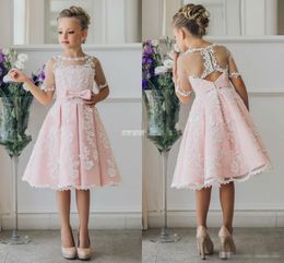 Cheap Short Flower Girl Dresses for Bohemia Beach Wedding Dresses Knee Length Lace A-Line 2019 Junior Bridesmaid Kids Formal Party173m