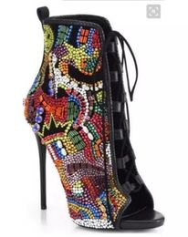 2017 new women boots rhinestone stud booties mujer boats peep toe boots women thin heel diamond high heels boots