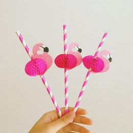-All'ingrosso 25PCS del fumetto caldo Cute Pink Flamingos a nido d'ape striscia colorata di carta Bere decorazioni paglia Uccello del bastone per Matrimoni partito