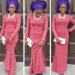 Nigerian Lace Styles Coral Mermaid Long Sleeve Muslim Evening Dress Jewel Neck Vintage Lace Floor Length Prom Party Gowns Custom Made